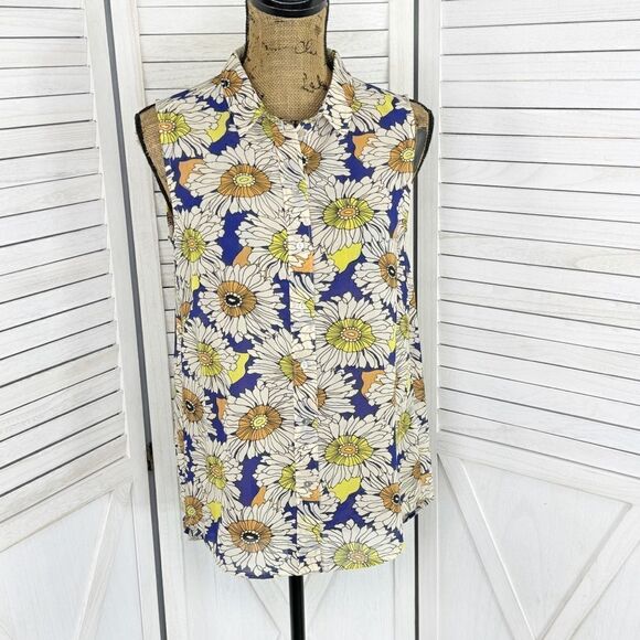 H&M Floral Chiffon Sleeveless Button Front Tunic Shirt Blue Cream Size 6 - Picture 1 of 10